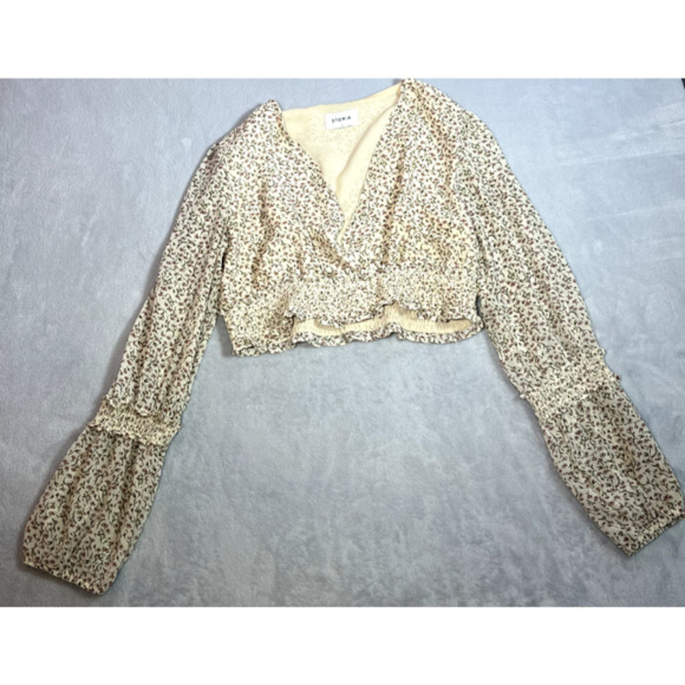 Storia Top Women Large Cream Floral Smocked Long Sleeve Cropped Boho Cottagecore